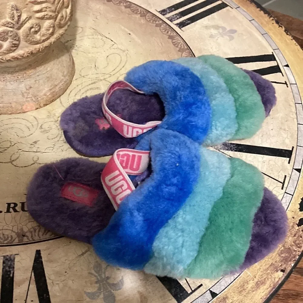 ❤️HP❤️Ugg fluff  slide slippers neon rainbow